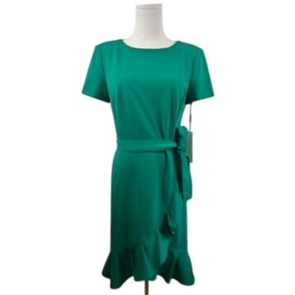 NEW Calvin Klein Dress Women's Size 6 Green Ruffle Tie Waist